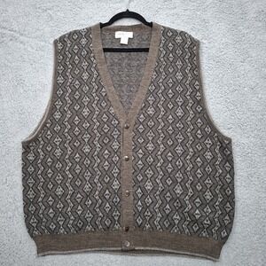 Vtg Murano Cardigan Sweater Vest Mens XL Brown Geo Made In Italy Wool Blend